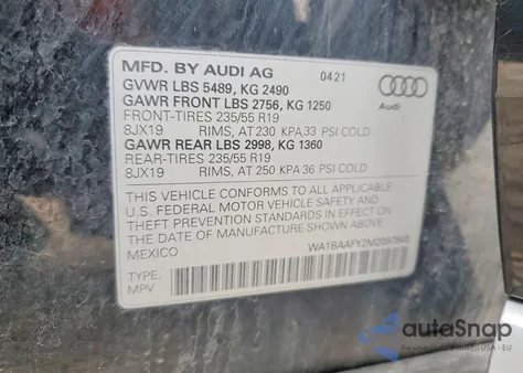 2021 Audi Q5 Premium Plus из США, поврежденный, VIN WA1BAAFY2M2097845
